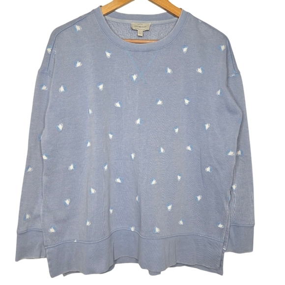 Lucky Brand Blue White Embroidered Hearts Oversized Crewneck Sweatshirt Size XS - Picture 1 of 5